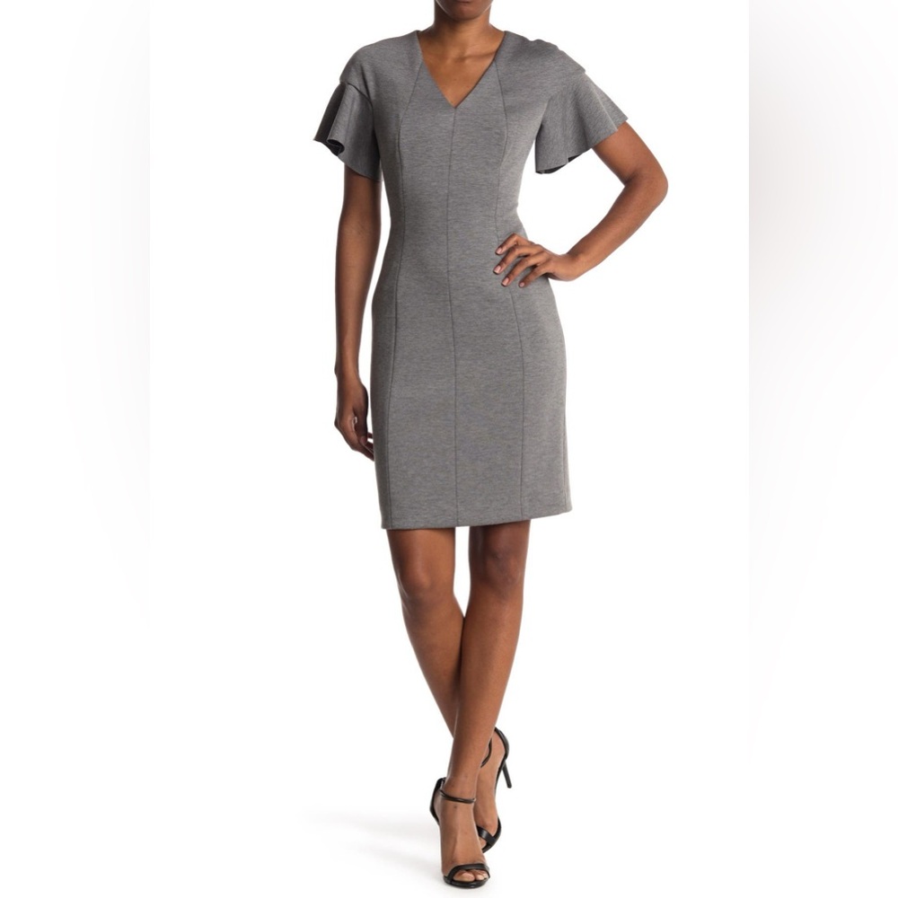 Elie Tahari gray, structured sheath dress with flutter sleeves